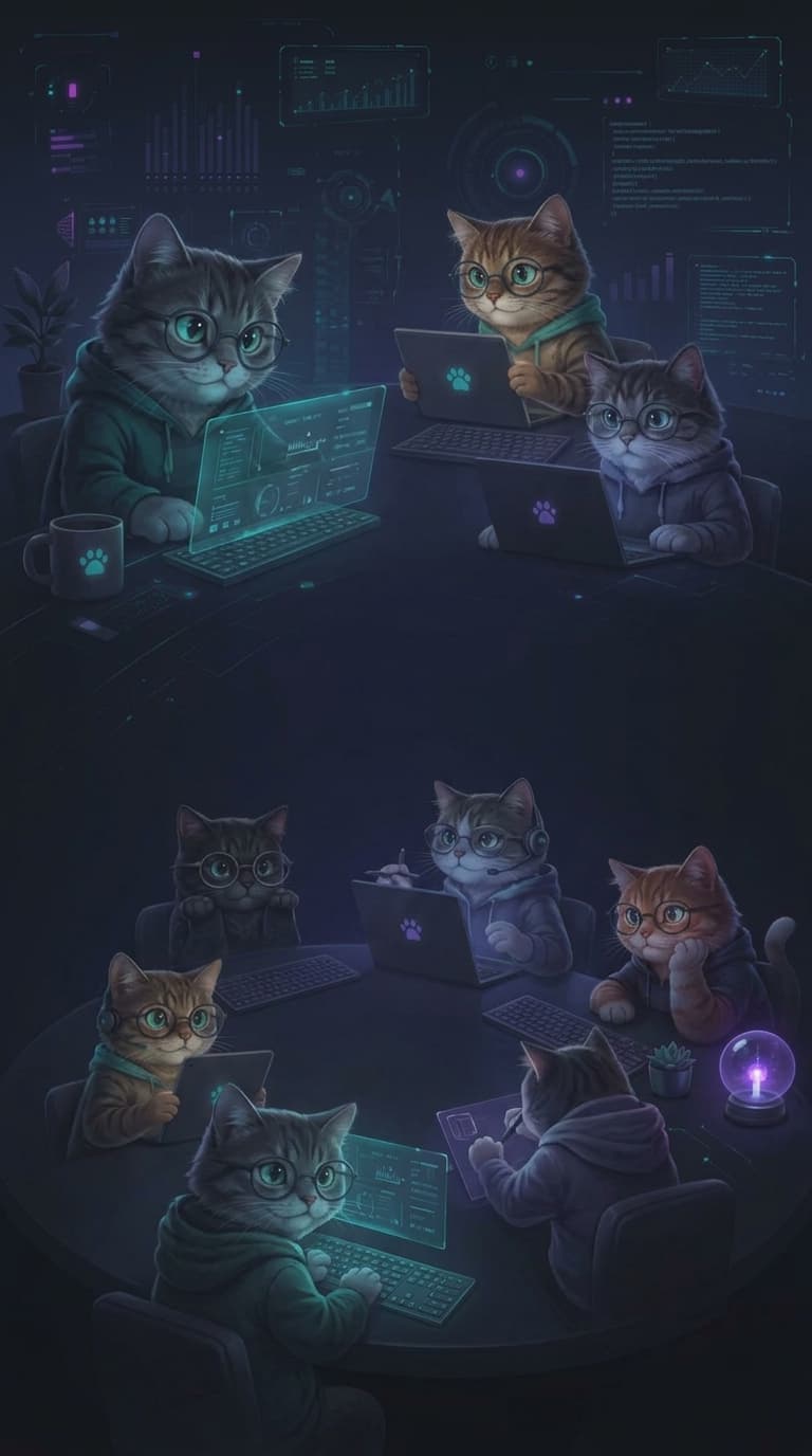 A team of cats at a round table, each working at their own screen — the machines are theirs, and the work stays in the room.
