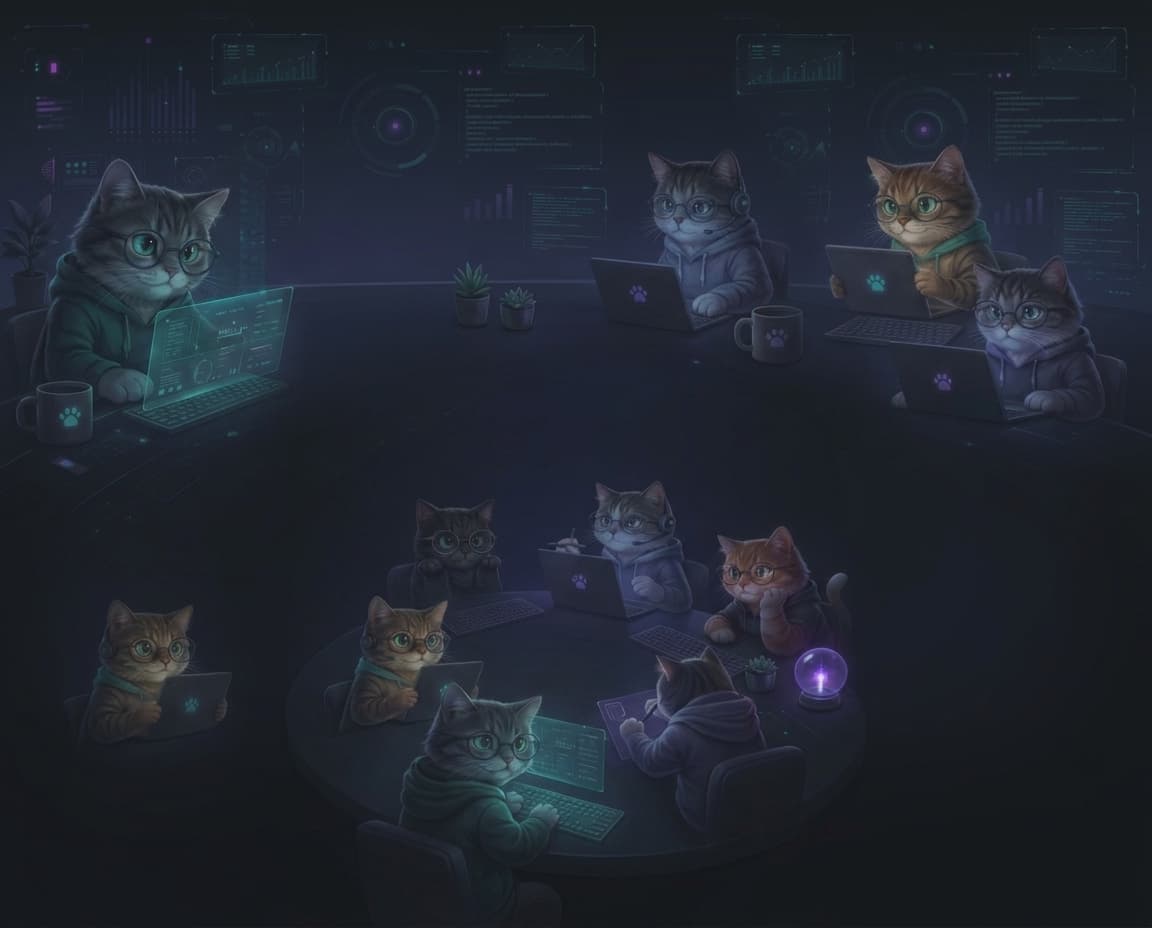 A team of cats around a table, each working at their own screen — the machines are theirs, and the work stays in the room.